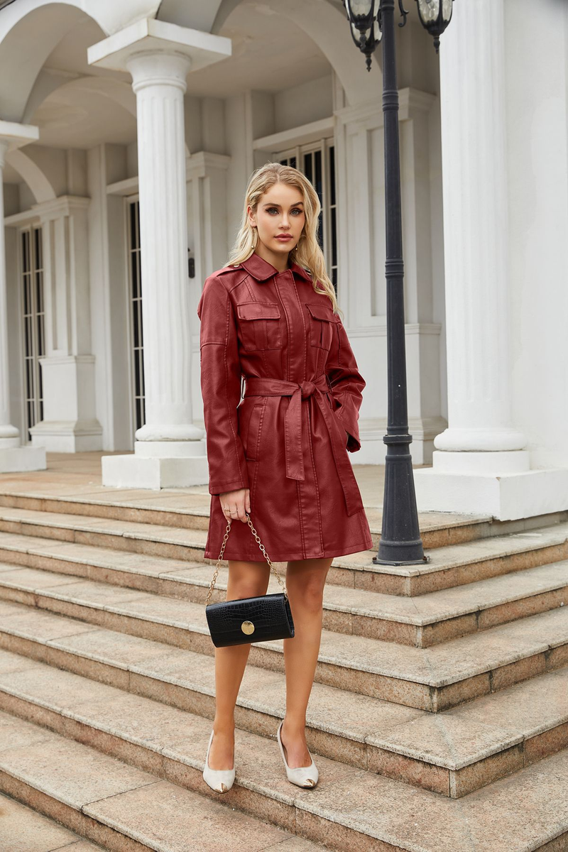 New mid-length leather coat with belt long-sleeved leather trench coat fashionable coat woman_autovado.com