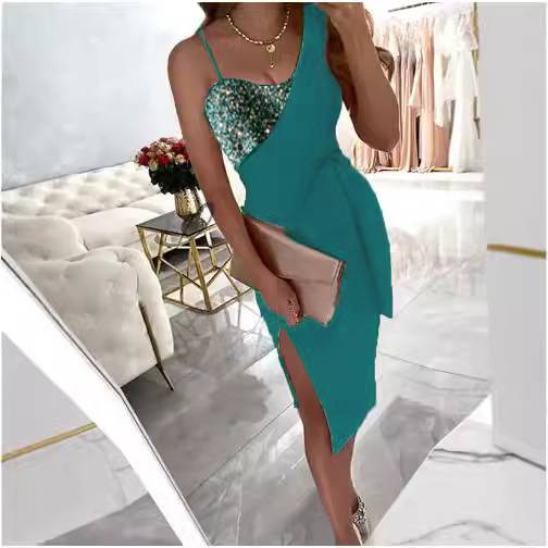 Women's New Solid Color Fashion Sequin Dress One-shoulder Suspender Evening Dress Dress_autovado.com