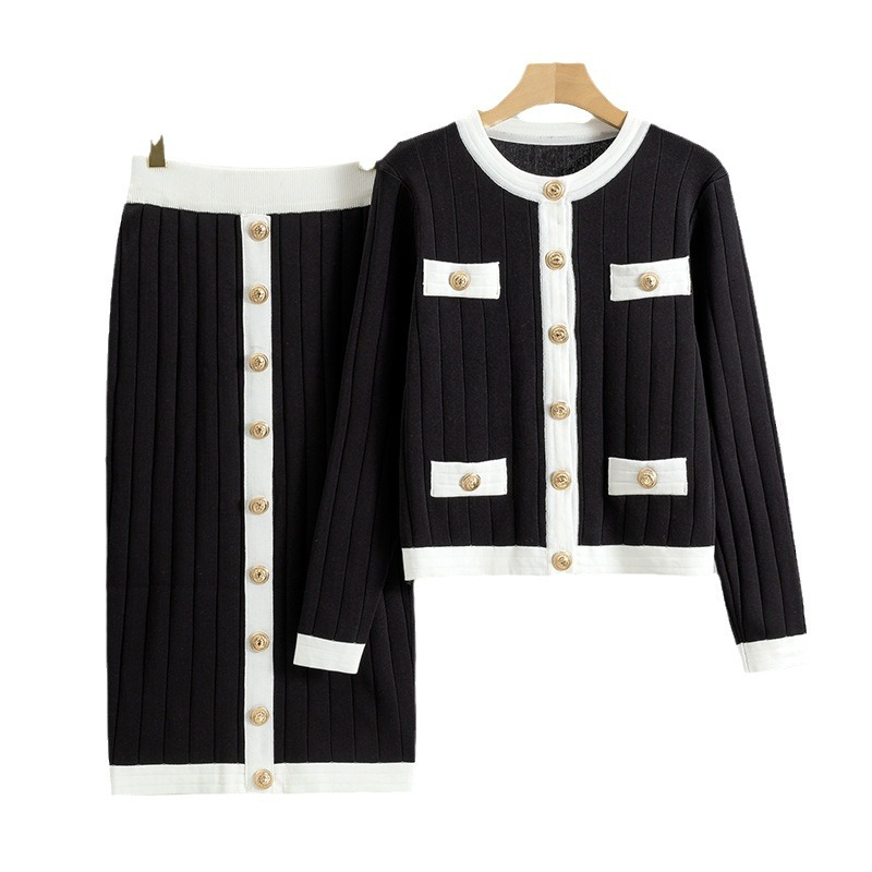 Women's haute couture French socialite knit suit slim coat skirt two-piece set_autovado.com