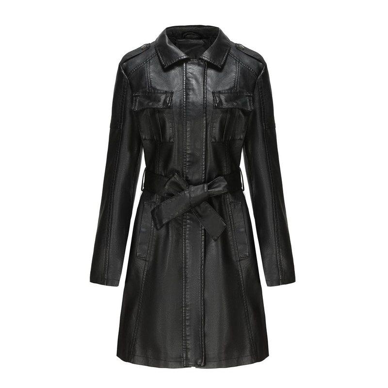New mid-length leather coat with belt long-sleeved leather trench coat fashionable coat woman_autovado.com