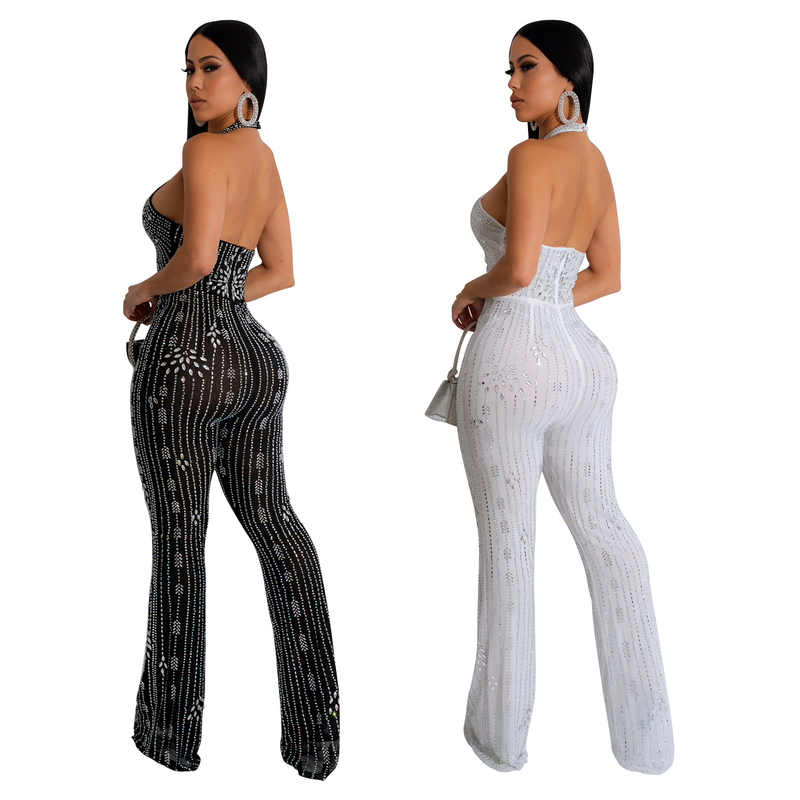 Women's solid color hot diamond sleeveless halterneck trousers jumpsuit_autovado.com