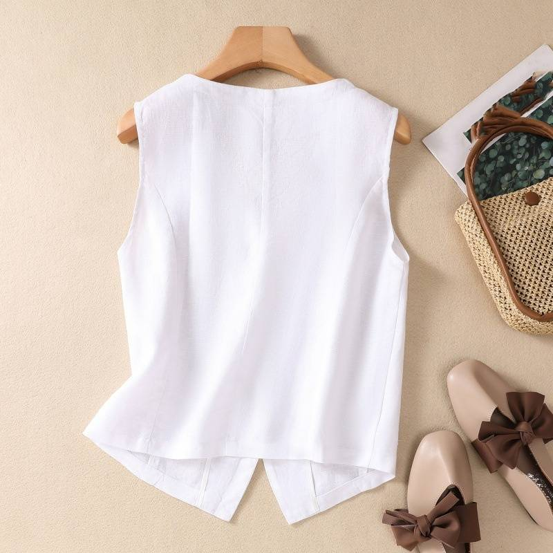 Women's Clothing new fashion short cotton and linen vest single layer vest retro casual ladies sleeveless cardigan top_autovado.com