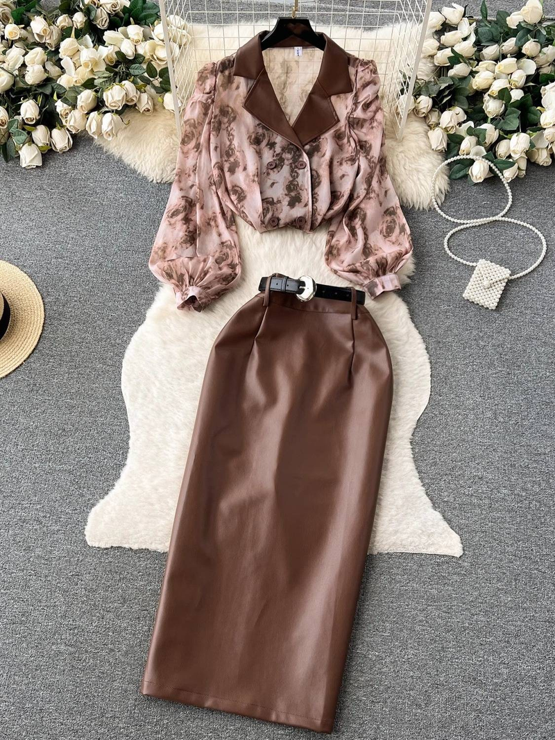 Women's Clothing collar floral chiffon shirt high waist tight PU leather skirt female high end outfit two piece suit_autovado.com