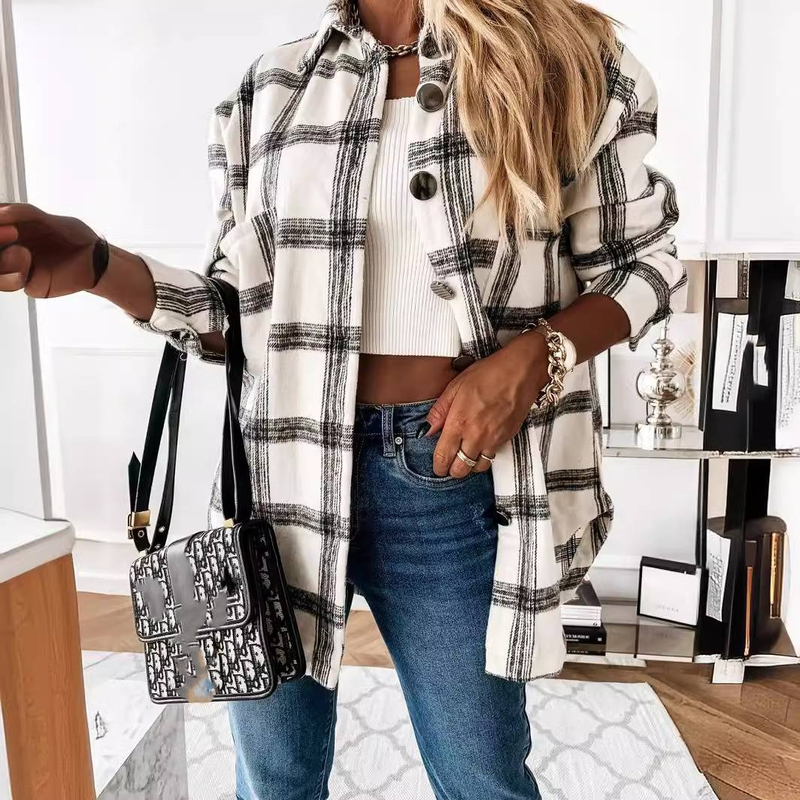 Women's Clothing plaid shirt autumn and winter new loose mid length woolen coat_autovado.com