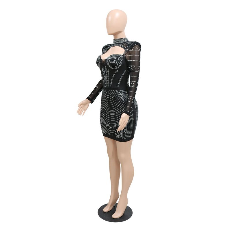 Women's Clothing round neck long-sleeved dress with hollow design on the chest and rhinestone hip party dress_autovado.com