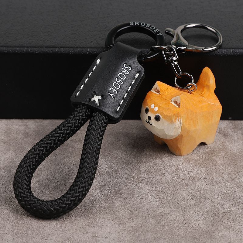 Woodcarving Shiba Inu Creative Cute Keychain Keychain Car Safety Braided Keychain Gift For Boyfriend And Girlfriend_autovado.com