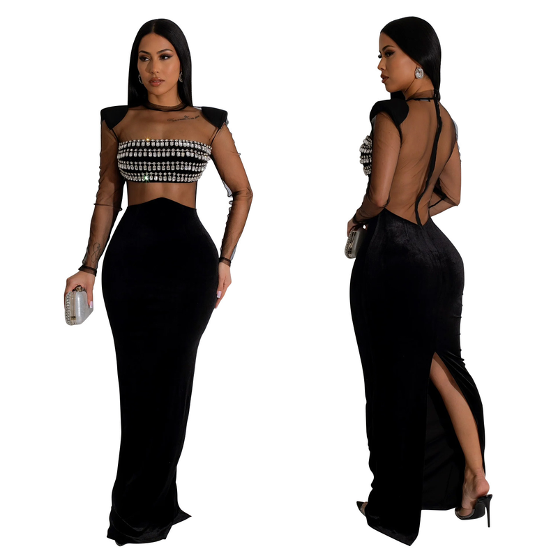 Women's solid color mesh rhinestone long-sleeved long skirt dress_autovado.com