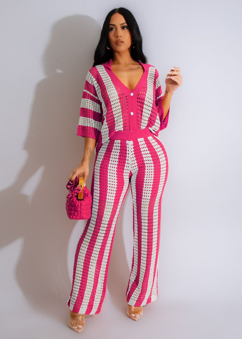 Women's Clothing sexy ladies V-neck hollow striped lapel knitted wide pants suit_autovado.com