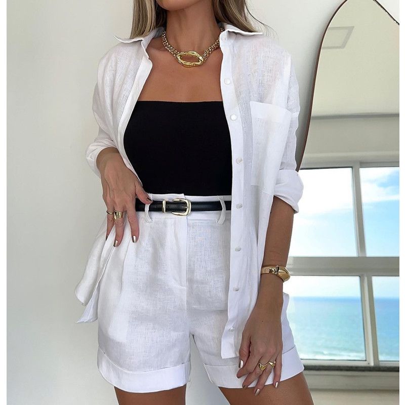 women's clothing 2024 new solid color fashionable casual long-sleeved shirts, belts and shorts women's suits_autovado.com