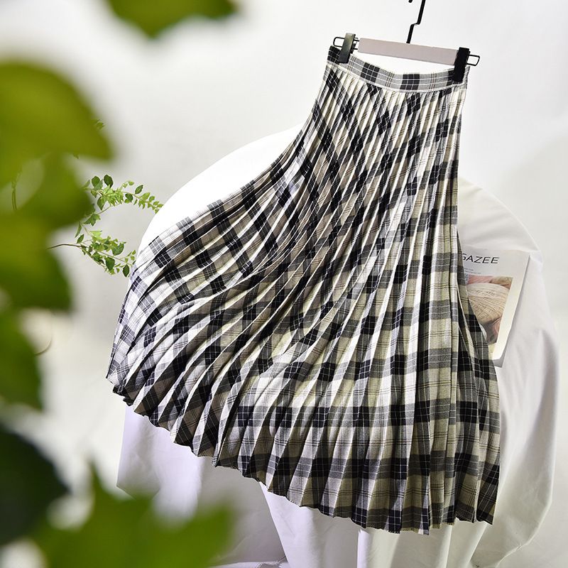Women's Clothing Chic temperament slim plus size pleated skirt autumn and winter new high waist A line skirt women's medium and long_autovado.com