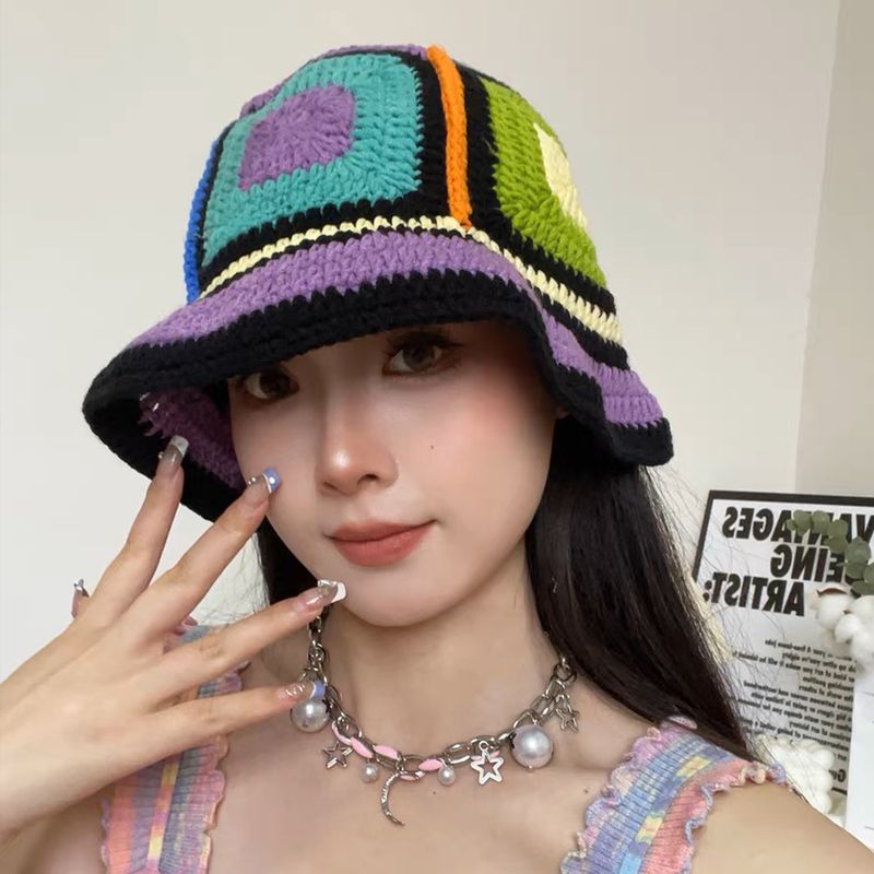 Hot Sale 2024 Colorful New Women Girl Handmade Crochet Bucket Hats Y2k Fashion Summer Beach Korean Hollow Knitted Hat_autovado.com