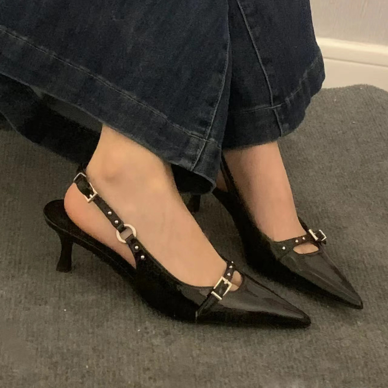 Women's fashion line with black pointy skinny heels fashion bag head high-heeled sandals_autovado.com