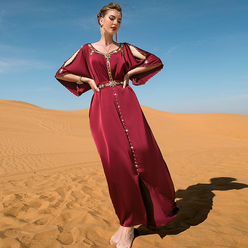 Women's clothing Burgundy off-shoulder hand-stitched diamond design dress Middle Eastern party holiday gift_autovado.com