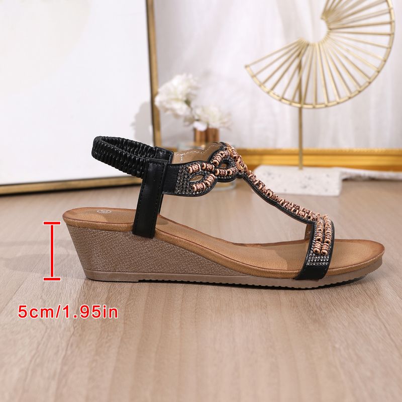 Women's fashion fashion wood bead rhinestone wedge heel comfortable large size sandals_autovado.com