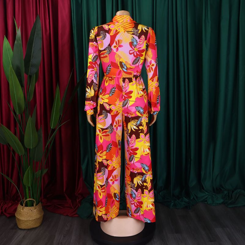 Women's Fashion Print Two-piece Suit Lapel Tie Shirt Wide Leg Pants Suit_autovado.com