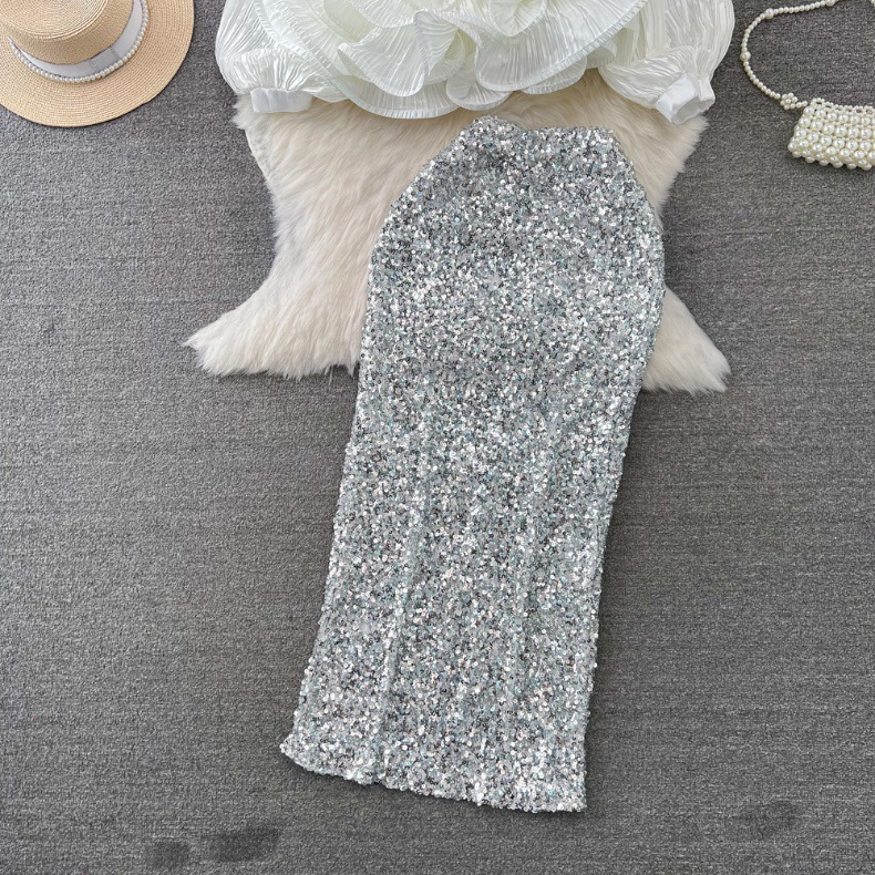 Women's fashion set female socialite temperament lantern long sleeve V-neck lotus leaf bright face shirt women's high waist sequin skirt_autovado.com