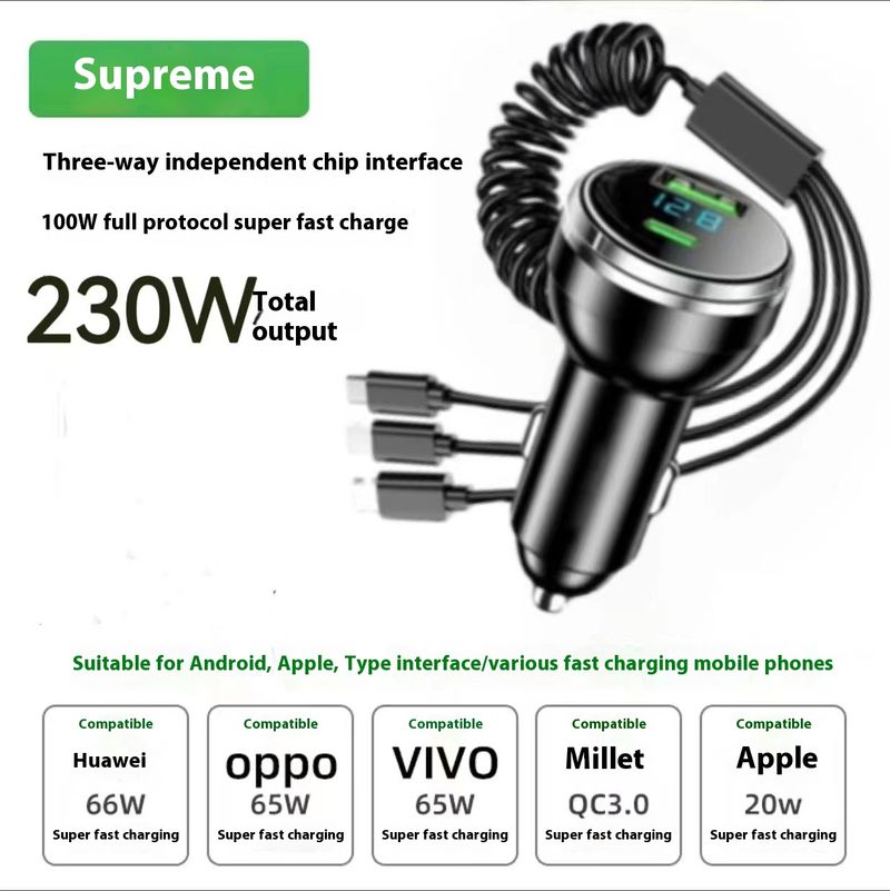 New digital car charger with one to three cable 100W super fast charging_autovado.com