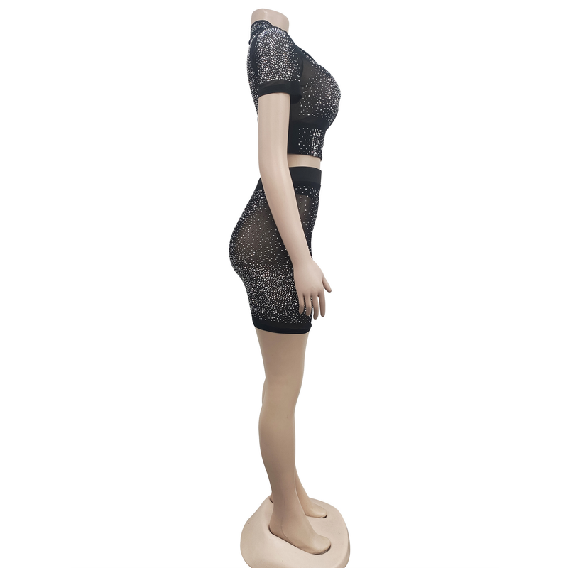 Women's Clothing fashion women's solid color mesh hot diamond short-sleeved shorts two-piece set_autovado.com