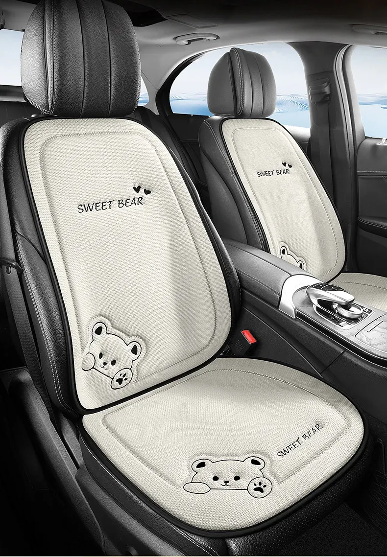 Fashion Linen Cartoon Bear Women's Cute Anti-slip Breathable Car Seat Protect Cushion Cover Universal_autovado.com