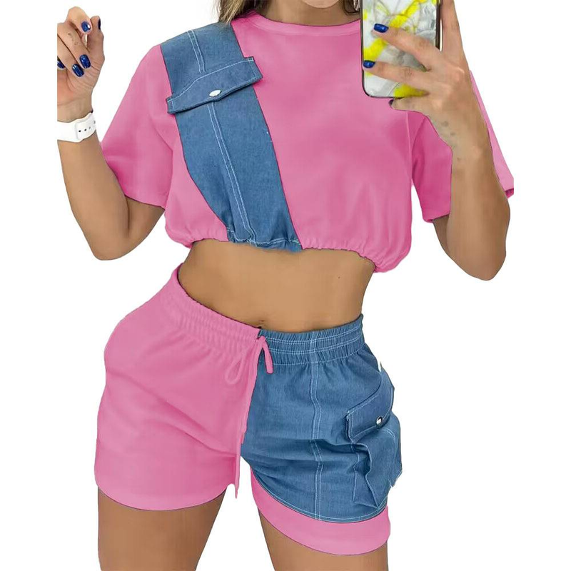 Women's Wholesale New Model Summer Imitation Denim Splicing Short Casual Suit_autovado.com