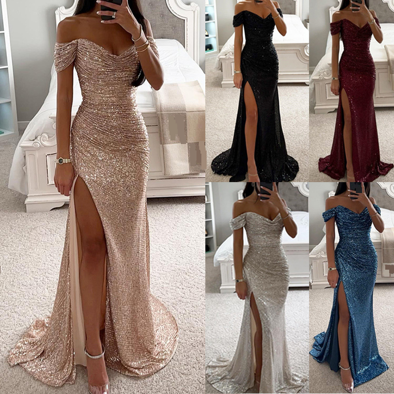 Women's Party Sequin Neckline Slit Dress INS Casual Fashion Dress_autovado.com