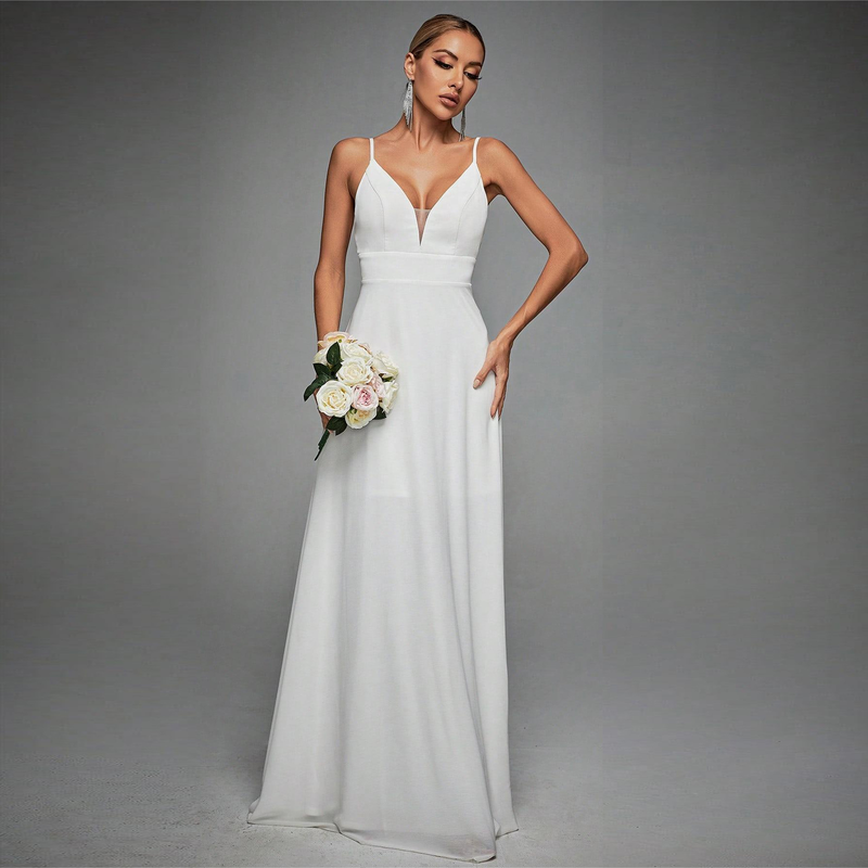 V-neck strappy lace backless evening gown prom dress party dress bridesmaid dress_autovado.com