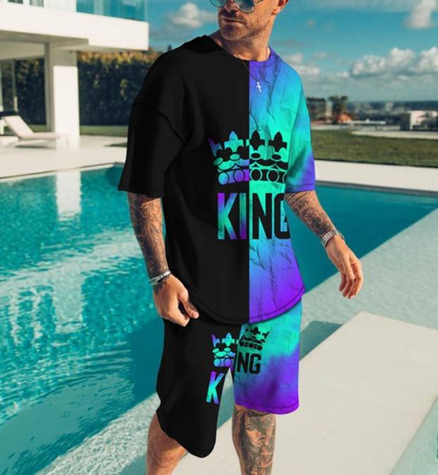 Men's Clothing shorts loose casual short-sleeved suit color matching KING printed T-shirt_autovado.com