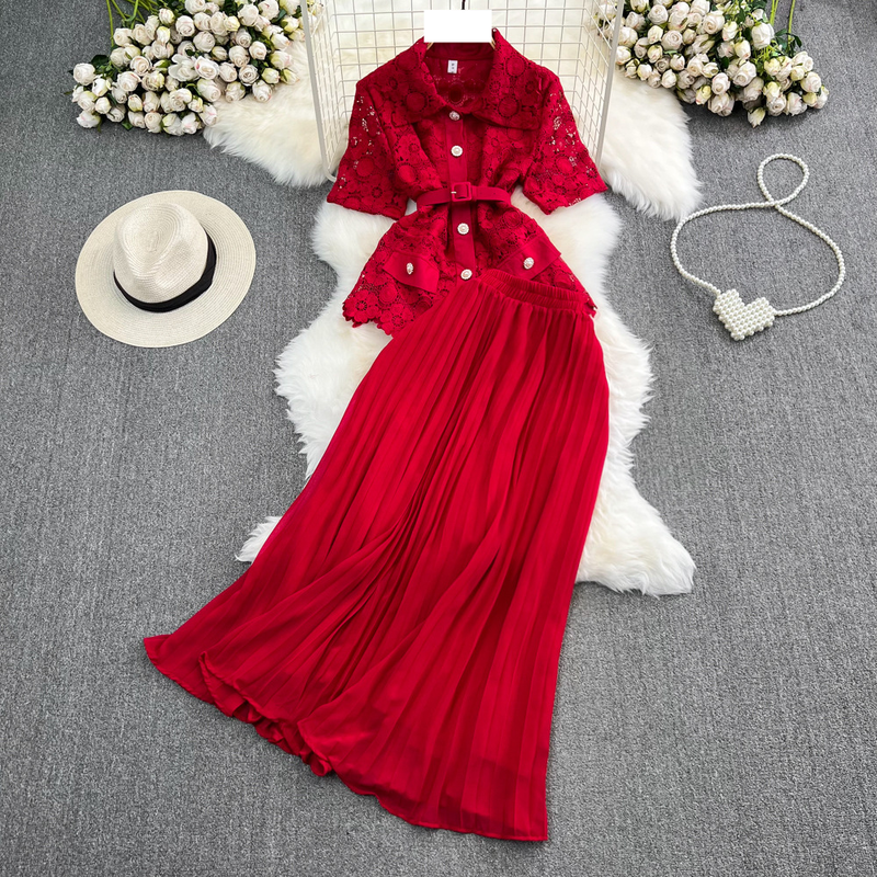 Women's fashion single breasted lace shirt two-piece set high waist a line pleated skirt_autovado.com