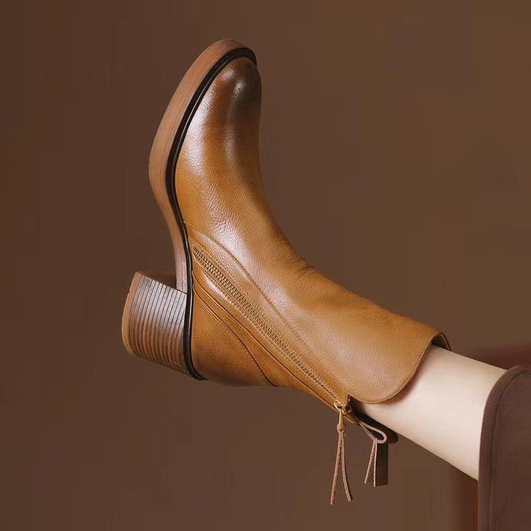Vintage wind tube side zipper Martin boots new chunky heel fashion trend women's boots_autovado.com