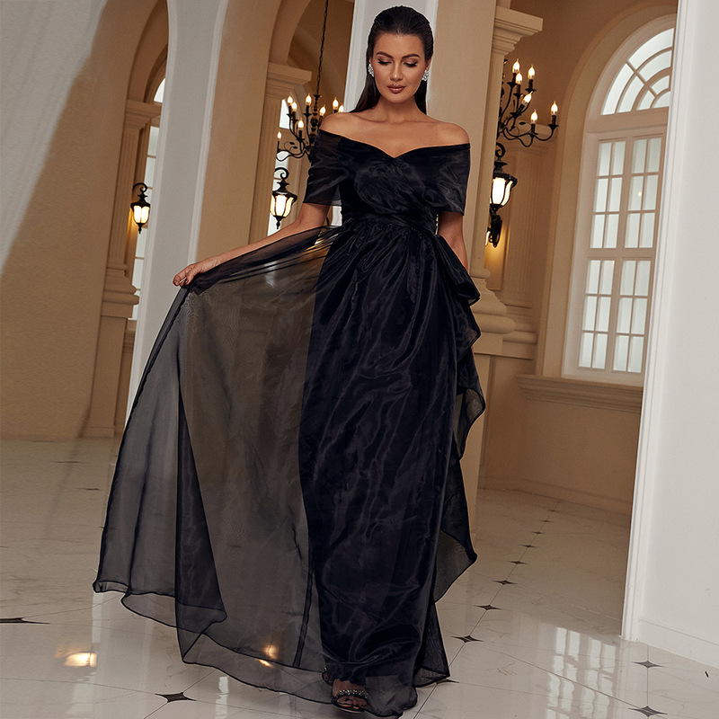 Women's Clothing Adult Black One-word Collar Low-cut Mesh Stitching Pprincess Temperament High-end Evening Dress_autovado.com
