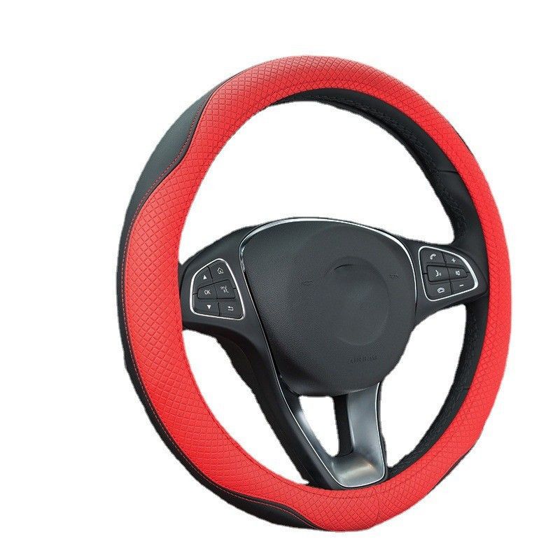 Double Needle Leather Steering Wheel With Two Color Splicing Circular Car Cover, Minimalist Sports Windmill Handle Cover_autovado.com