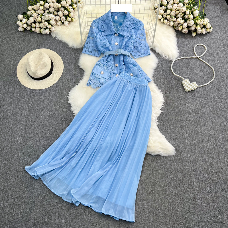 Women's fashion single breasted lace shirt two-piece set high waist a line pleated skirt_autovado.com