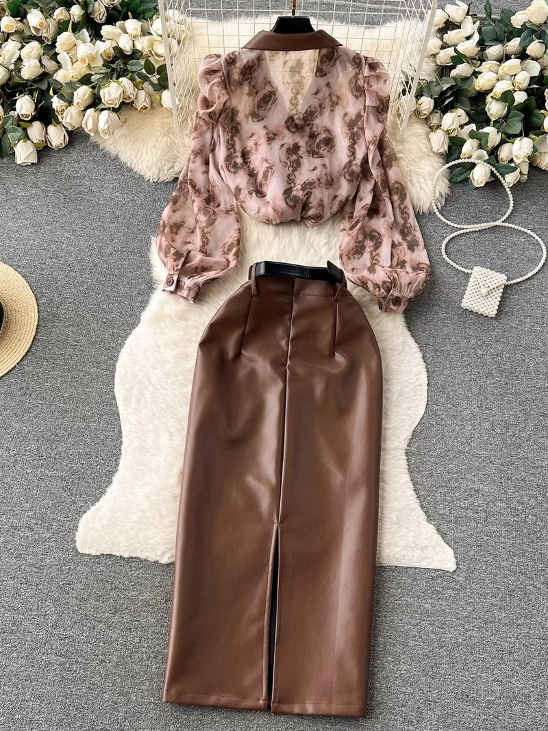 Women's Clothing collar floral chiffon shirt high waist tight PU leather skirt female high end outfit two piece suit_autovado.com