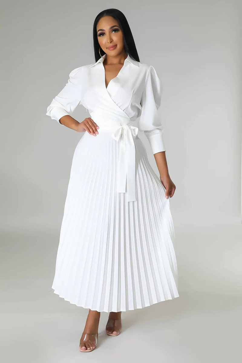 Long sleeved Polo collar high waist fashion casual pleated women's dress_autovado.com