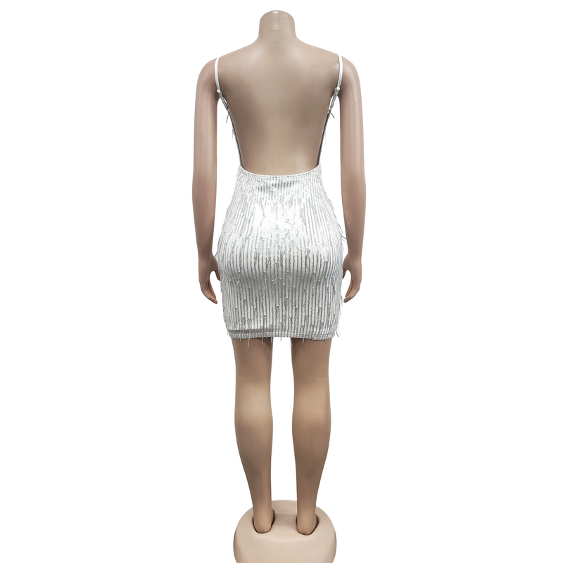 Women's solid color sequined sleeveless V-neck backless dress for women_autovado.com