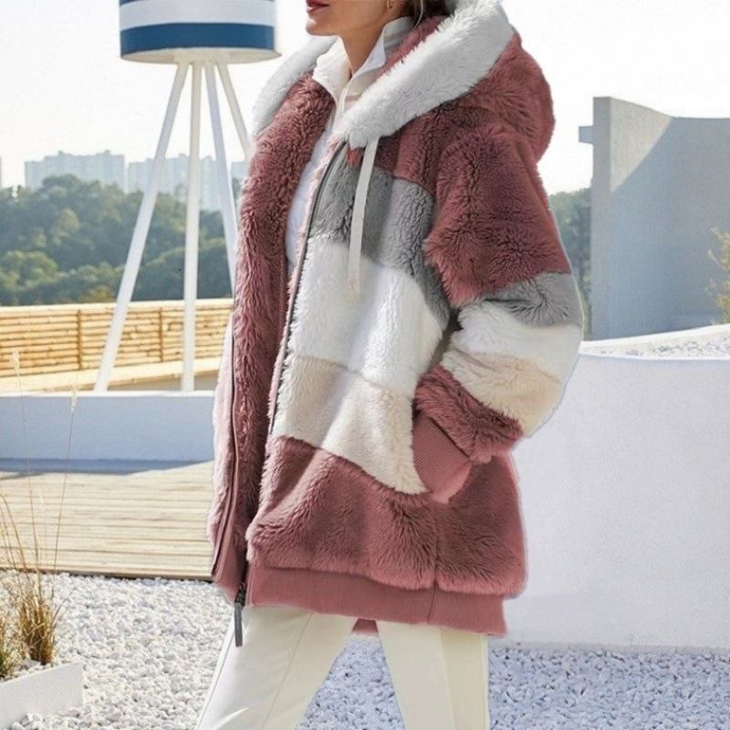 Women's Clothing autumn and winter warm plush patchwork zipper pocket hooded loose coat _autovado.com