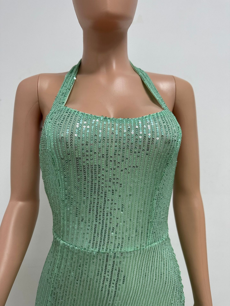 Women's slit sleeveless hot girl dress female halter neck backless sequin dress skirt_autovado.com