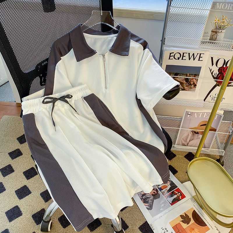 Men's Clothing Waffle sports suit summer men's clothing color matching lapel short sleeved T shirt set with handsome casual shorts_autovado.com