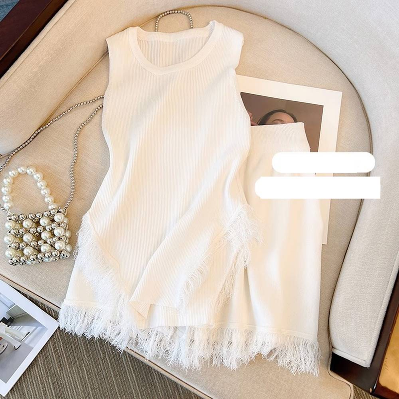 Women's Pink Tassel Knitted Small Camisole + High Waist Wide Leg Casual Shorts_autovado.com