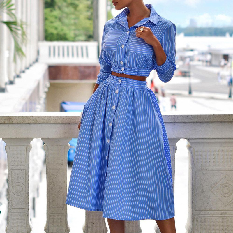 Women's Clothing Fashion Style Long Sleeve Striped Shirt Set Skirt Two Piece Set_autovado.com