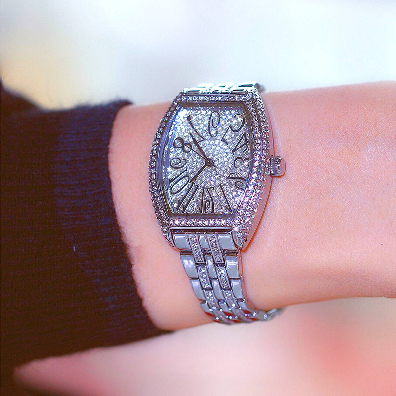 Classic barrel shaped full diamond inlaid luxury women's watch, banquet party jewelry_autovado.com