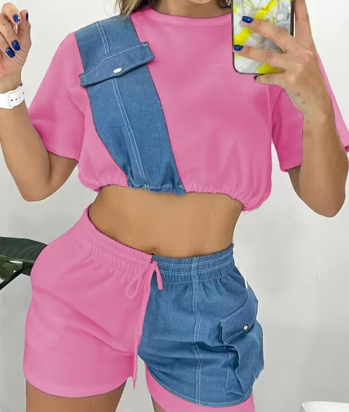 Women's Wholesale New Model Summer Imitation Denim Splicing Short Casual Suit_autovado.com