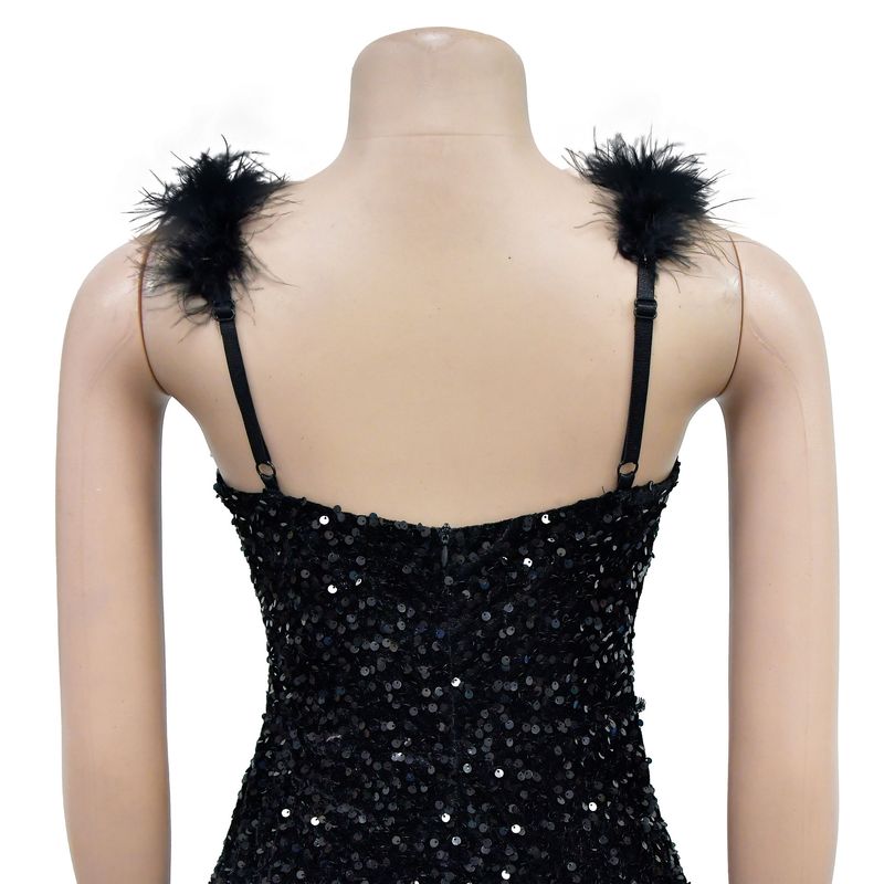 Women's solid color feather sequin sleeveless short skirt dress_autovado.com