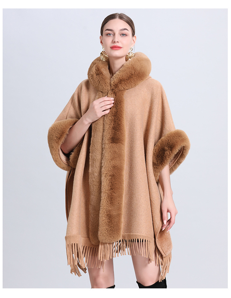 loose plaid plus velvet thick fur collar knitted shawl cape women's woolen shawl coat_autovado.com
