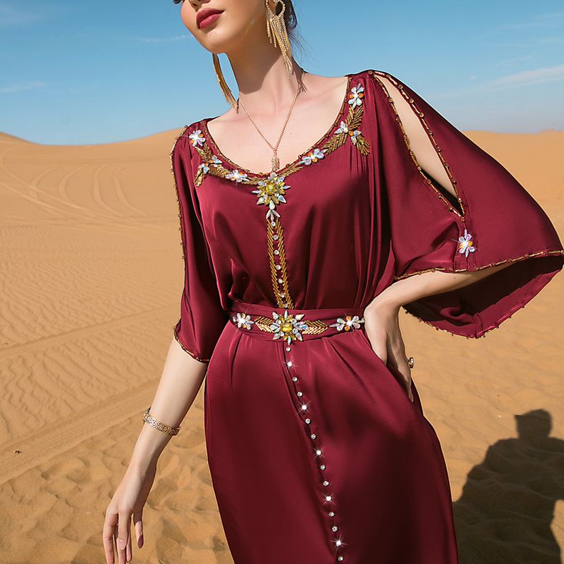 Women's clothing Burgundy off-shoulder hand-stitched diamond design dress Middle Eastern party holiday gift_autovado.com