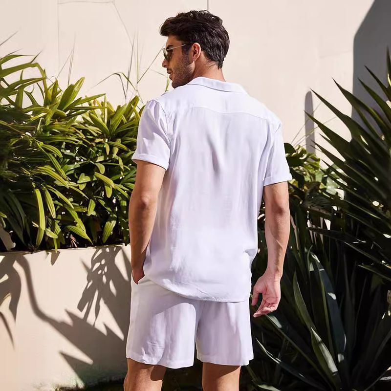 Men's Clothing Linen Short Sleeve Shirt Set Linen Summer Loose Casual Cotton Linen Cardigan Shirt Shorts_autovado.com