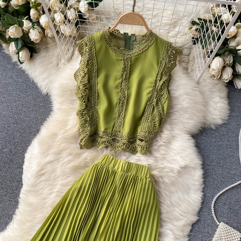 Women's fashion high-waisted lean pressed chiffon skirt two-piece set_autovado.com