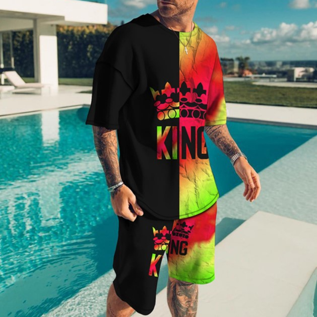 Men's Clothing shorts loose casual short-sleeved suit color matching KING printed T-shirt_autovado.com