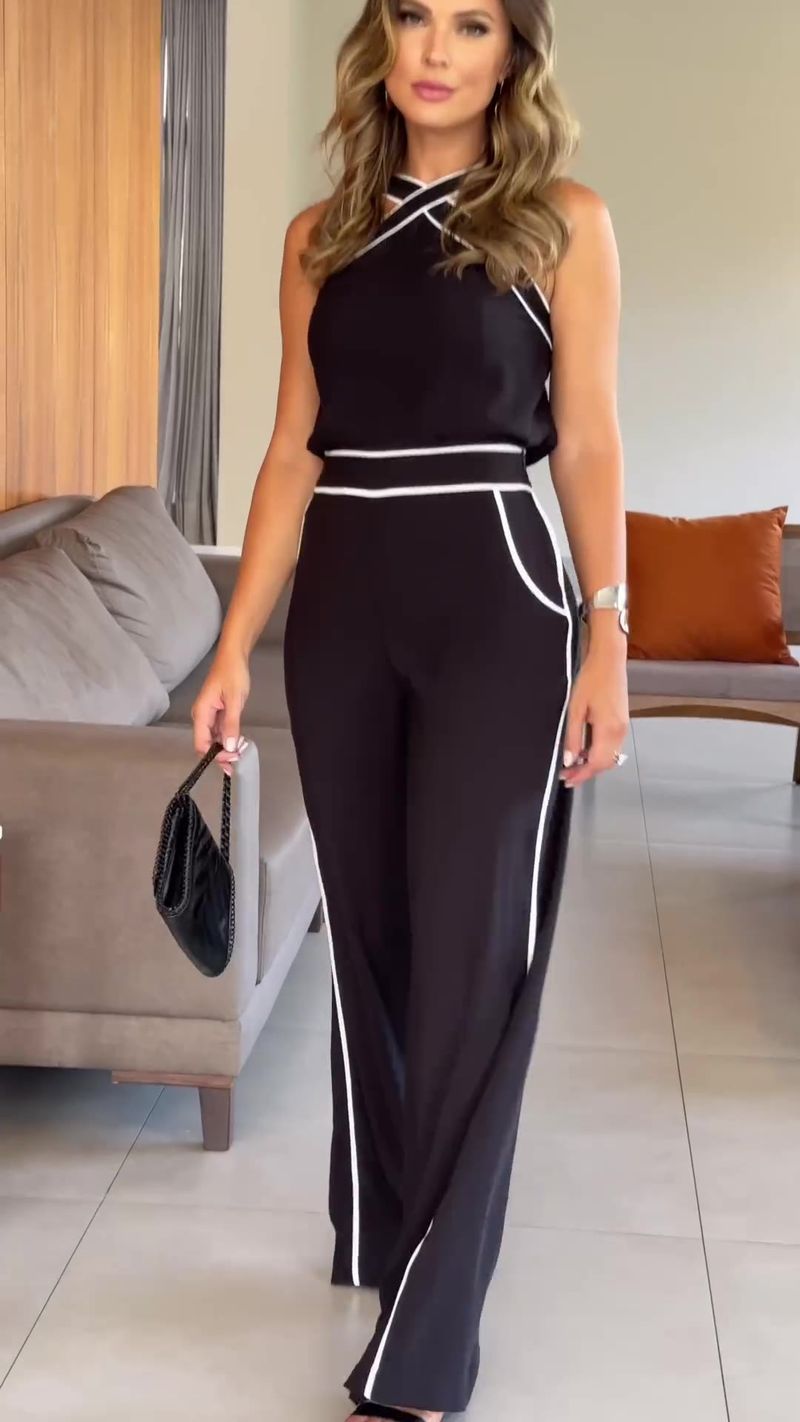Women's Summer New Fashion Cross-neck Waist Contrast Color Wide-leg Halter Suit_autovado.com