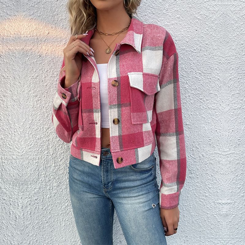 Women's clothing short plaid cardigan lapel jacket women_autovado.com